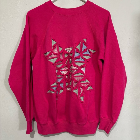Hanes Tops - 90s Vtg Pink Pullover Crewneck Sweatshirt Shredded Floral Details Size Lg